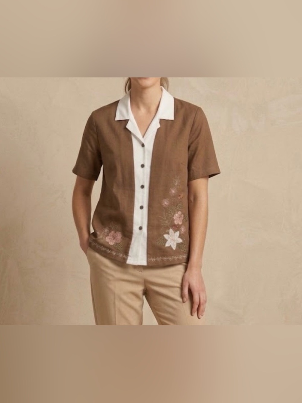 Vintage Alfred Dunner Brown Floral Embroidered 2-in-1 Layered Blouse Size 12
